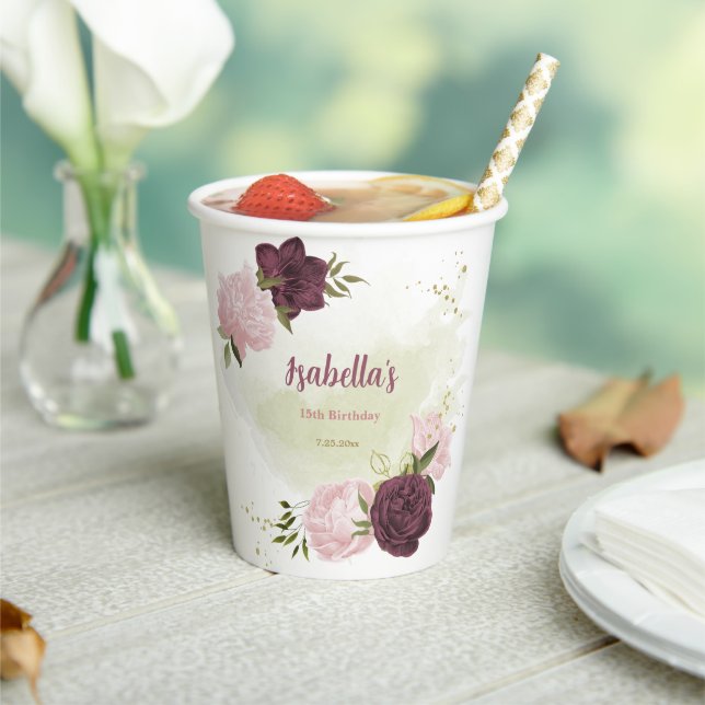 cabernet pink  floral greenery paper cups (Insitu)