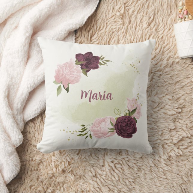 cabernet pink floral greenery  throw pillow (Blanket)