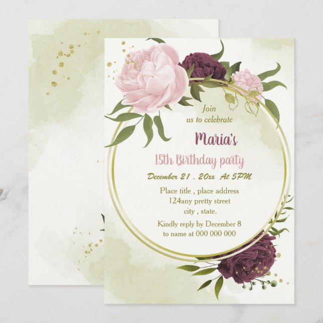 cabernet pink flowers green leaves birthday invitation (Front/Back)