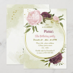 cabernet pink flowers green leaves birthday invitation