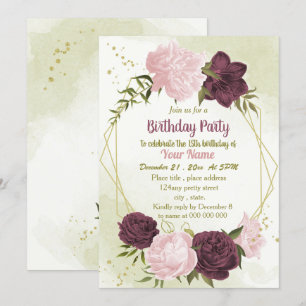 cabernet pink flowers green leaves birthday invitation