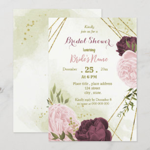 cabernet pink flowers green leaves bridal shower invitation