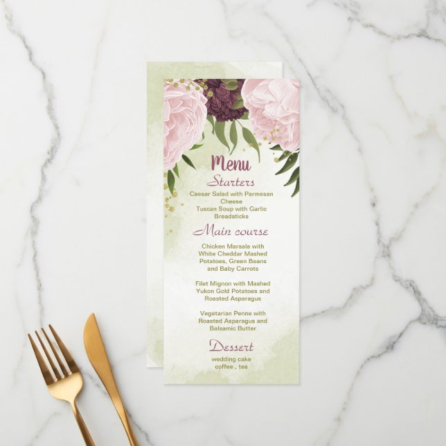 cabernet pink flowers green leaves wedding menu (Front/Back In Situ)