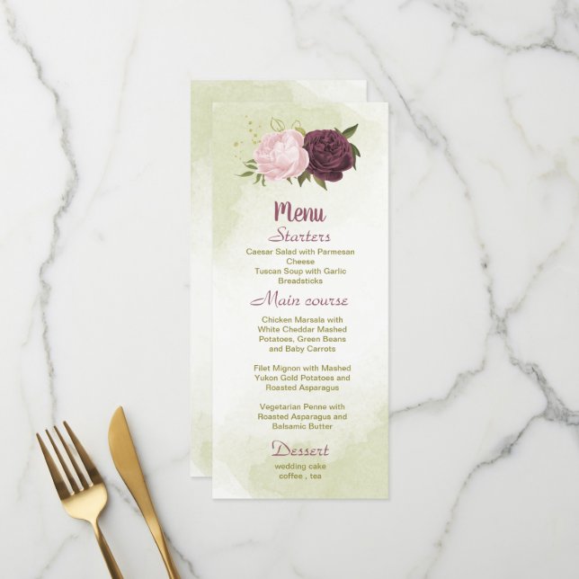 cabernet pink flowers green leaves wedding menu (Front/Back In Situ)