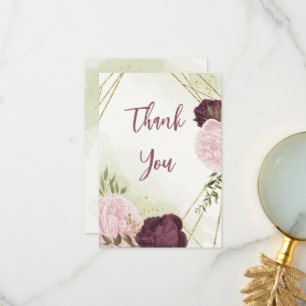 cabernet pink flowers green leaves wedding thank you card