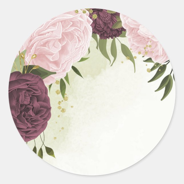 cabernet pink flowers greenery wedding classic round sticker (Front)