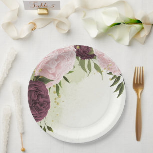 cabernet pink flowers greenery wedding paper plate