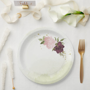 cabernet pink flowers greenery wedding paper plate