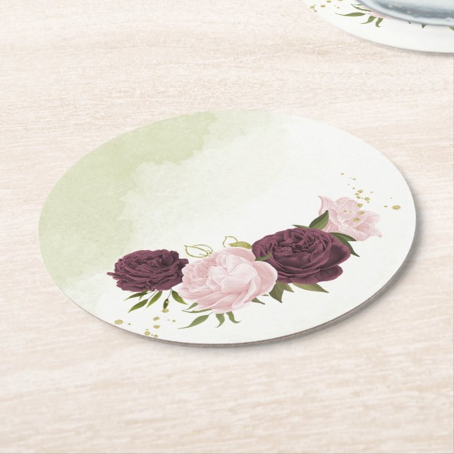 cabernet pink flowers greenery wedding round paper coaster (Angled)