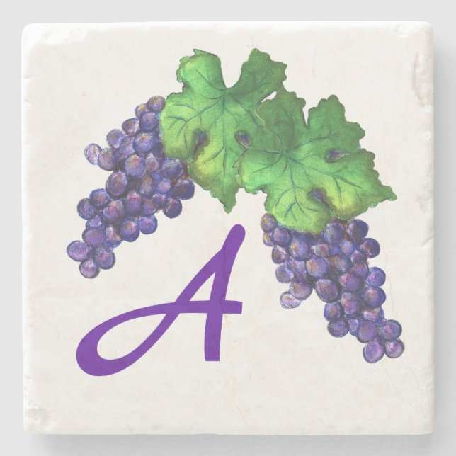 Cabernet Sauvignon Red Wine Grapes Custom Monogram Stone Coaster (Front)