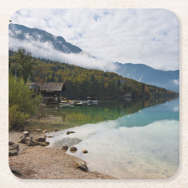 Cabin alongside Bohinj Lake in Slovenia Square Paper Coaster (Front)