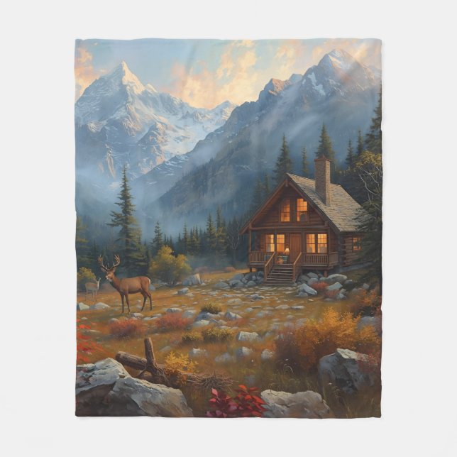 Cabin and Mountains Fleece Blanket (Front)