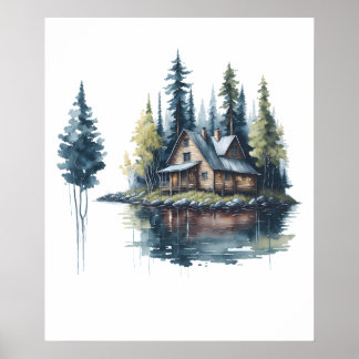 Cabin at the Lake Watercolor Poster