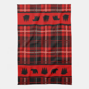 Cabin Black Bear Red Plaid Kitchen Towel