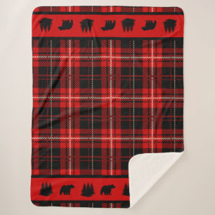 Cabin Black Bear Red Plaid Sherpa Blanket