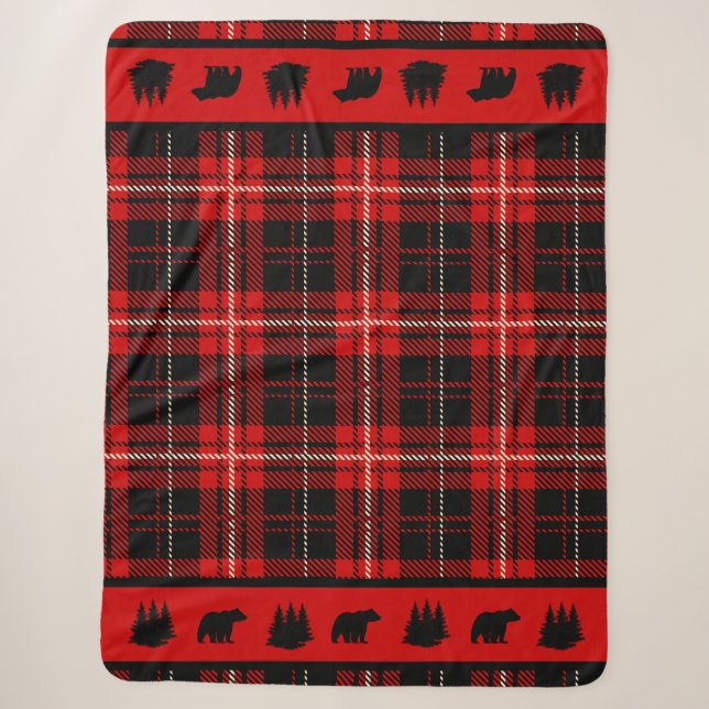 Cabin Black Bear Red Plaid Sherpa Blanket (Front)