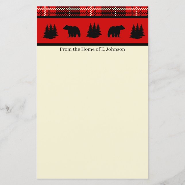 Cabin Black Bear Red Plaid Stationary (Front)