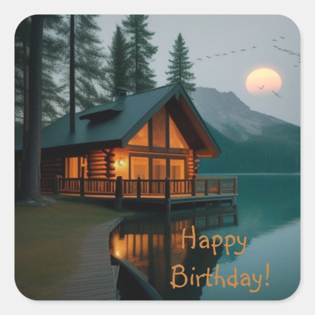 Cabin By Lake Birthday Square Sticker (Front)