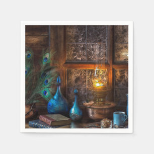 Cabin by lamplight rustic scene blue brown napkin