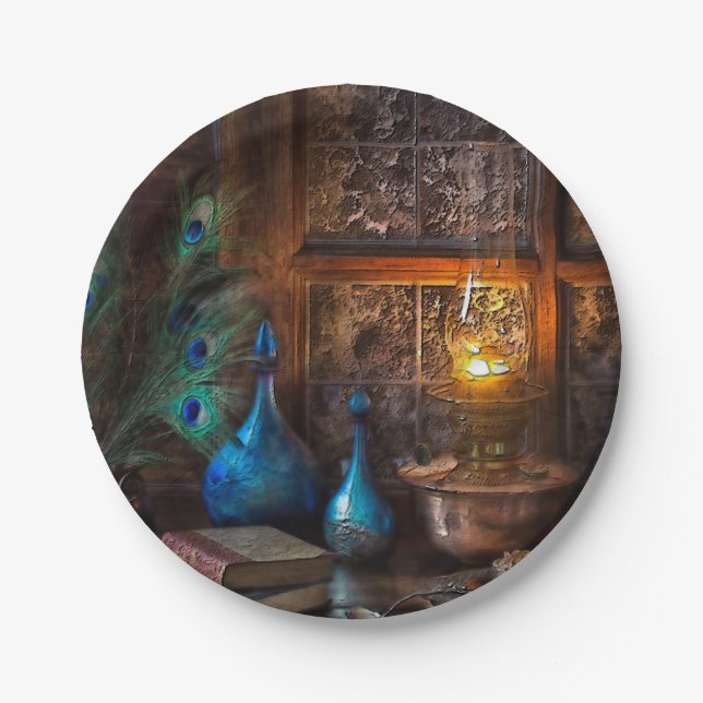 Cabin by lamplight rustic scene brown blue paper plate (Front)