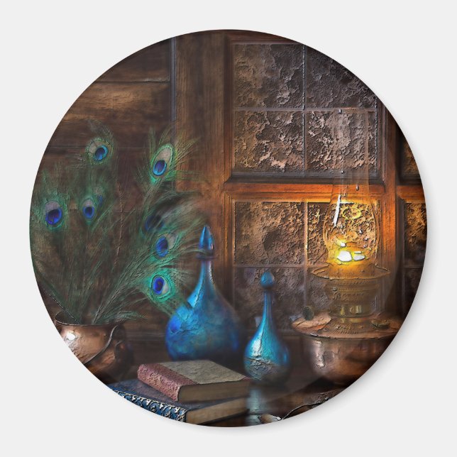 Cabin by lamplight scene brown blue rustic magnet (Front)