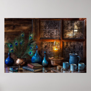 Cabin by lamplight scene copper feathers books poster
