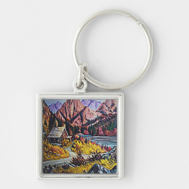 Cabin by the Lake Oil Painting Keychain (Front)