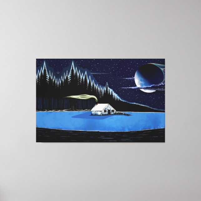 "Cabin by the Lake" Stretched Canvas Print. (Front)