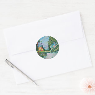 Cabin by the Stream Oil Painting Classic Round Sticker