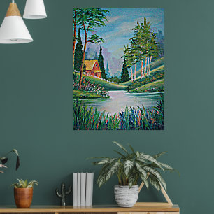 Cabin by the Stream Oil Painting Poster