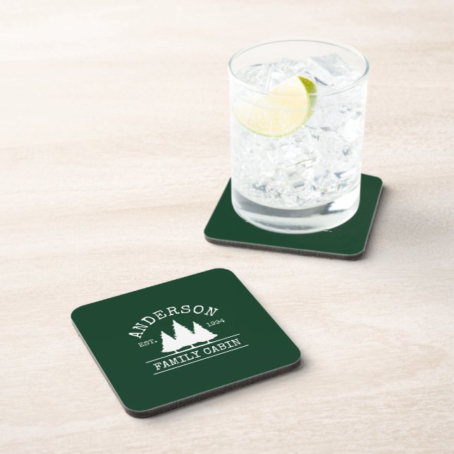 Cabin Family Name Forest Green Coaster (Right Side)