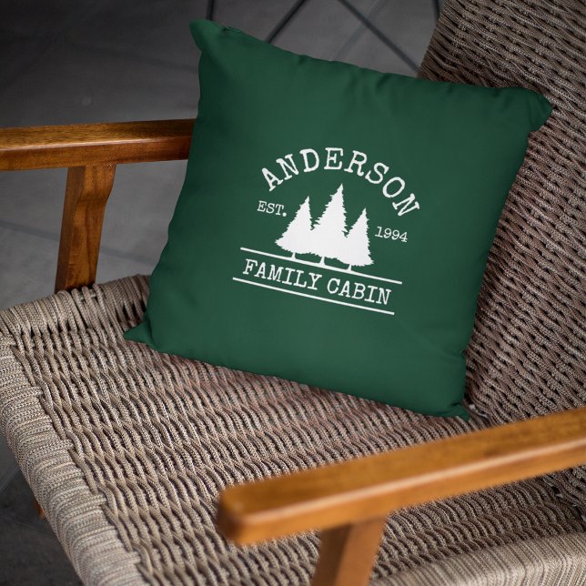 Cabin Family Name Forest Green Outdoor Pillow (Customize to change text size or text style.)