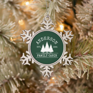 Cabin Family Name Forest Green Snowflake Pewter Christmas Ornament