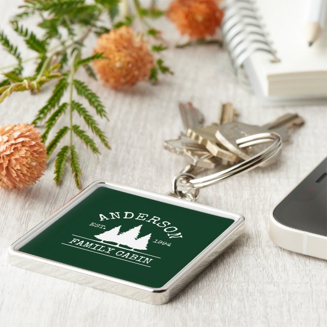 Cabin Family Name Forest Green Square Keychain (Side)