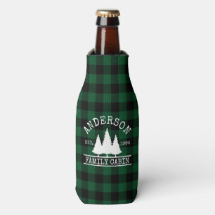 Cabin Family Name Green Buffalo Plaid Bottle Cooler
