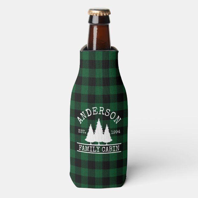 Cabin Family Name Green Buffalo Plaid Bottle Cooler (Bottle Front)