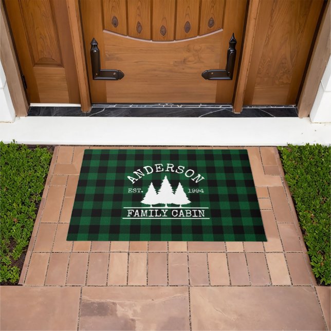 Cabin Family Name Green Buffalo Plaid Doormat (Outdoor)