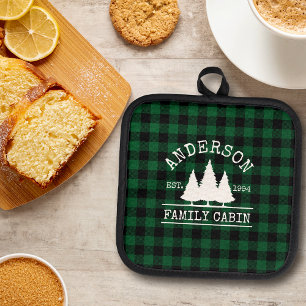 Cabin Family Name Green Plaid Pot Holder