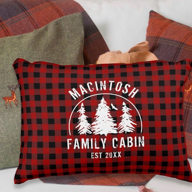 Cabin Family Name Red Black Buffalo Plaid Accent Pillow (Creator Uploaded)