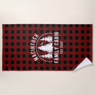 Cabin Family Name Red Black Buffalo Plaid Beach Towel