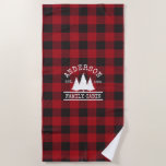 Cabin Family Name Red Buffalo Plaid Beach Towel<br><div class="desc">Family Name Cabin Red Buffalo Plaid with Pine Trees Beach Towel</div>