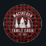 Cabin Family Name Red Buffalo Plaid Dartboard<br><div class="desc">Create a personalized dartboard featuring rustic red and black buffalo check plaid and an image of forest pine trees in the woods with your custom text in white (shown with NAME FAMILY CABIN and year established date). All text is editable. Ideal for a family cabin, mountain lodge, lake house or...</div>