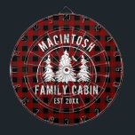 Cabin Family Name Red Buffalo Plaid Dartboard<br><div class="desc">Create a personalized dartboard featuring rustic red and black buffalo check plaid and an image of forest pine trees in the woods with your custom text in white (shown with NAME FAMILY CABIN and year established date). All text is editable. Ideal for a family cabin, mountain lodge, lake house or...</div>