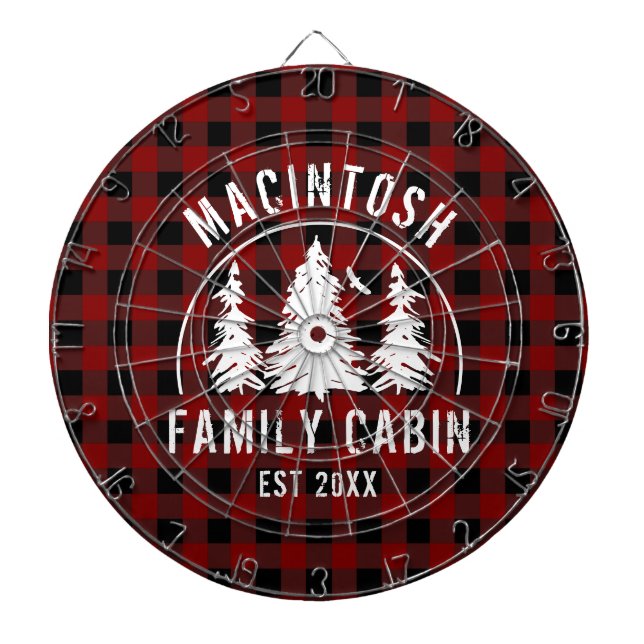 Cabin Family Name Red Buffalo Plaid Dartboard (Front)