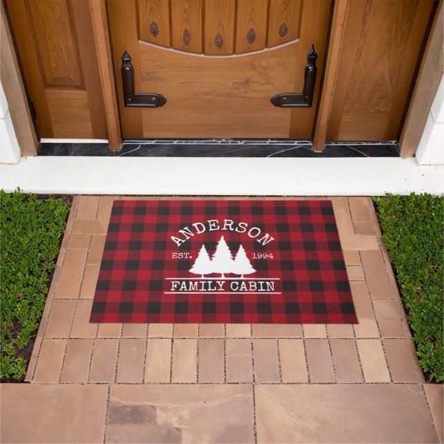 Cabin Family Name Red Buffalo Plaid Doormat (Outdoor)