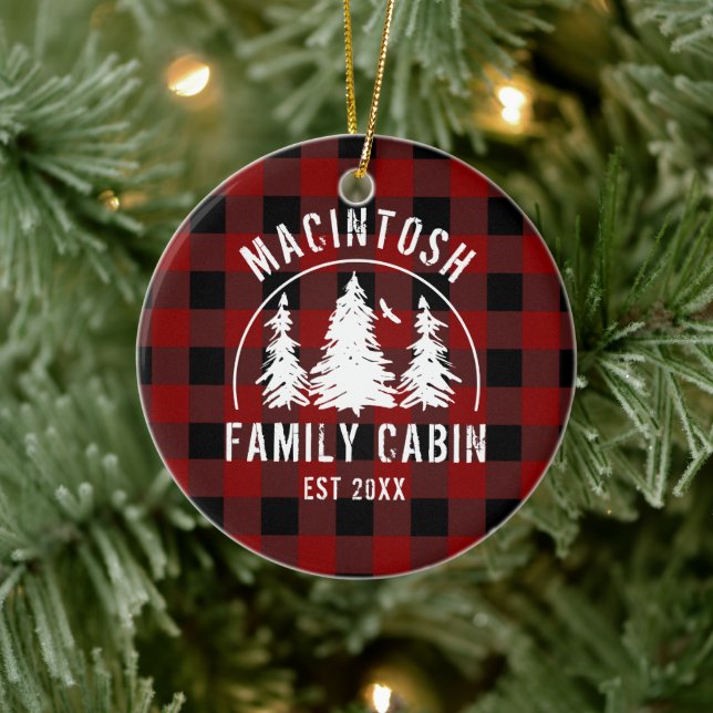 Cabin Family Name Red Buffalo Plaid Photo Keepsake Ceramic Ornament (Tree)