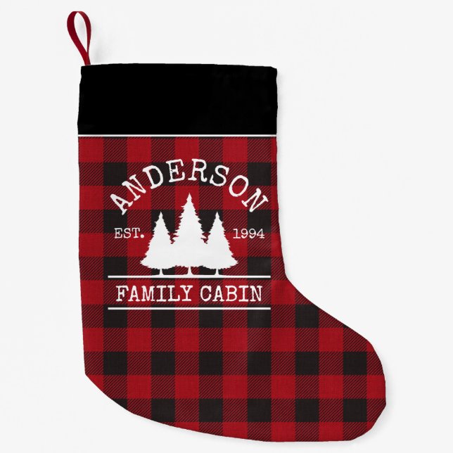 Cabin Family Name Red Buffalo Plaid Small Christmas Stocking (Front)