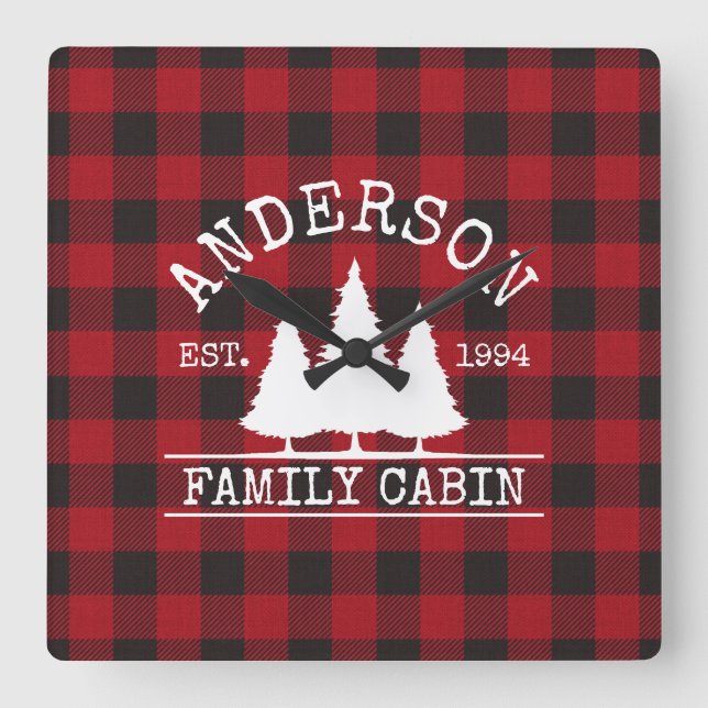 Cabin Family Name Red Buffalo Plaid Square Wall Clock (Front)