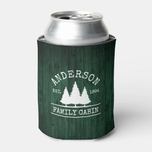 Cabin Family Name Rustic Green Wood Forest Can Cooler