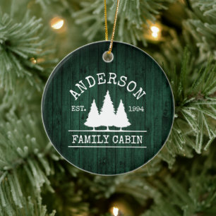 Cabin Family Name Rustic Green Wood Forest Ceramic Ornament